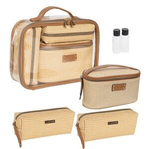 Joan & David Straw Texture Clear 4 Piece Cosmetic Bag Set